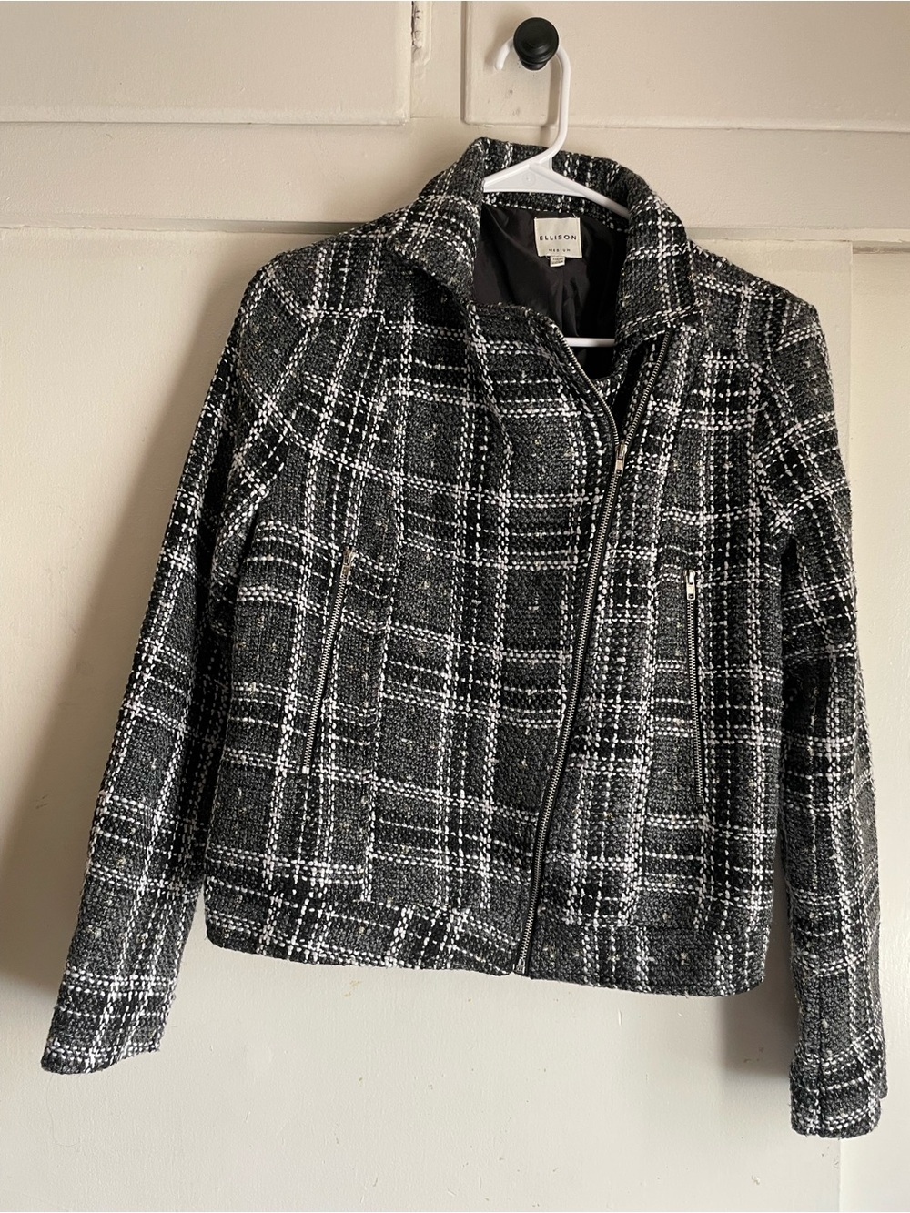 Ellison Black & White Plaid Asymmetrical Zip Jacket